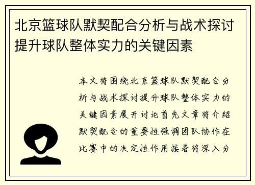 北京篮球队默契配合分析与战术探讨提升球队整体实力的关键因素