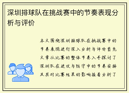 深圳排球队在挑战赛中的节奏表现分析与评价